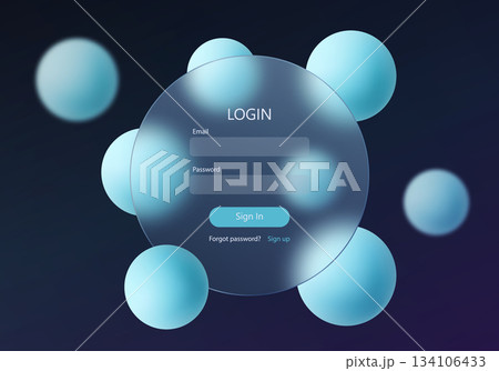 Modern glass login screen with large circular frosted panel and soft glowing cyan spheres on a dark background. Modern glass login screen with large circular frosted panel and soft glowing cyan spheres on a dark background. 134106433