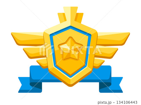 Gold shield with ribbon and wings. Game award for the winners. Illustration of prize for sports competitions. Gold shield with ribbon and wings. Game award for the winners. Illustration of prize for sports competitions. 134106443