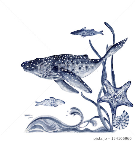whale fish, underwater world, sea star, algae plant blue indigo with spots. Hand painted 134106960