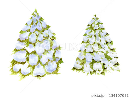 Winter trees of green color with snow on branches, on white background. Hand drawn with watercolor Winter trees of green color with snow on branches, on white background. Hand drawn with watercolor 134107051