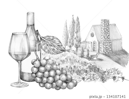 A bottle of wine, a glass and a bunch of grapes, against the background of a foreign garden with a house, a barrel and mountains 134107141