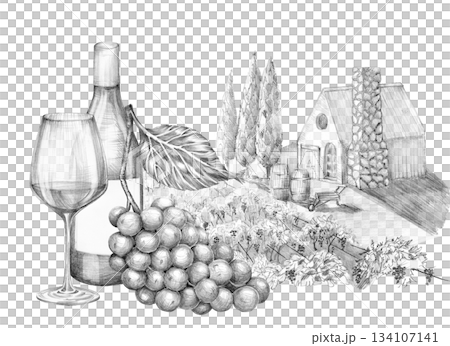 A bottle of wine, a glass and a bunch of grapes, against the background of a foreign garden with a house, a barrel and mountains 134107141