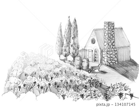 Landscape of a foreigner and a house in the mountains. Hand drawn with a pencil without a background 134107145