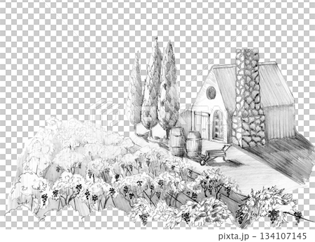 Landscape of a foreigner and a house in the mountains. Hand drawn with a pencil without a background Landscape of a foreigner and a house in the mountains. Hand drawn with a pencil without a background 134107145