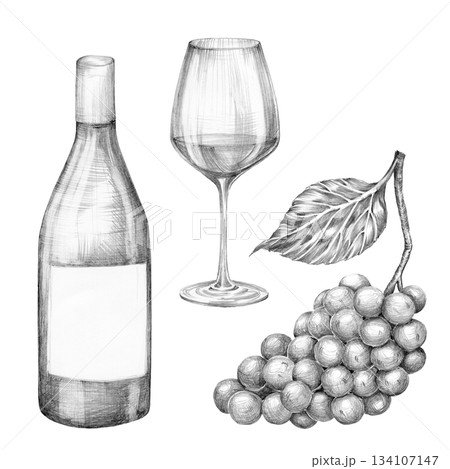 Set of wine bottle, glass and bunch of grapes. Hand drawn with pencil without background. Graphic Set of wine bottle, glass and bunch of grapes. Hand drawn with pencil without background. Graphic 134107147