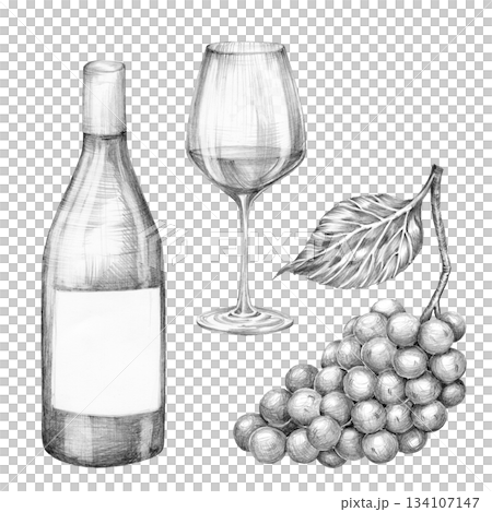 Set of wine bottle, glass and bunch of grapes. Hand drawn with pencil without background. Graphic Set of wine bottle, glass and bunch of grapes. Hand drawn with pencil without background. Graphic 134107147
