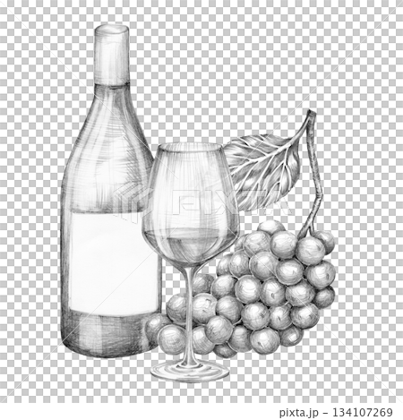Composition of a bottle of wine, a glass and a bunch of grapes. Hand drawn with a pencil without a background Composition of a bottle of wine, a glass and a bunch of grapes. Hand drawn with a pencil without a background 134107269
