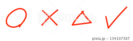赤ペンで書いた風の手書きマル、バツ、三角のイラストセット 赤ペンで書いた風の手書きマル、バツ、三角のイラストセット 134107387