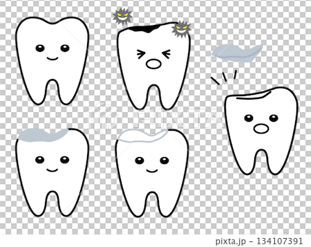 一組健康的牙齒、齲齒、治療過的牙齒和缺失填充物的牙齒 134107391