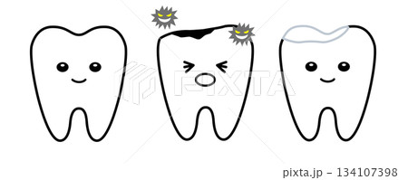 健康な歯と虫歯と白い詰め物で治療した歯のセット 134107398