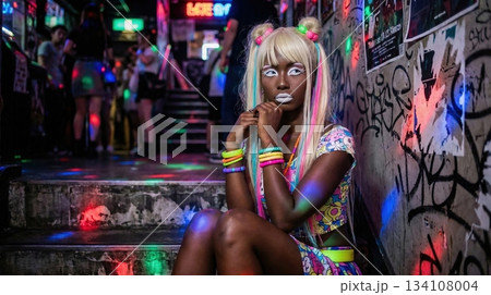 階段に座るヤマンバギャル 134108004