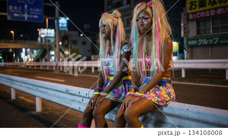 夜の国道沿いで座り込むヤマンバギャル 134108008