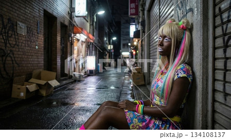 雨の路地裏で一人座り込むヤマンバギャル 134108137