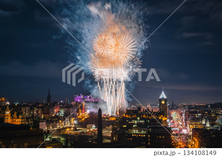 Edinburgh Hogmanay Fireworks Over the City Skyline 134108149