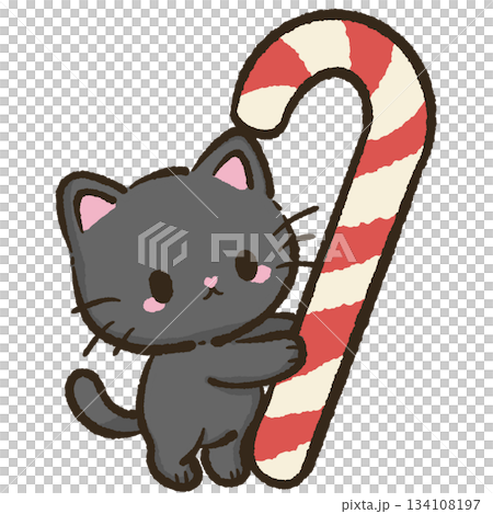 Luna black cat hugging giant candy cane cute Christmas illustration festive holiday kawaii winter art 134108197