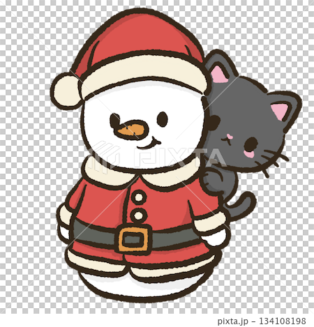 Kawaii black cat with cute snowman in santa outfit cozy christmas winter character illustration festive holiday art for cards stickers decor Kawaii black cat with cute snowman in santa outfit cozy christmas winter character illustration festive holiday art for cards stickers decor 134108198
