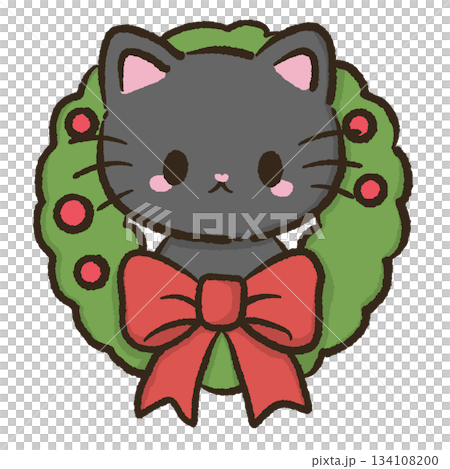 Kawaii black cat inside christmas wreath with big bow cute holiday character illustration winter festive art for cards stickers decoration Kawaii black cat inside christmas wreath with big bow cute holiday character illustration winter festive art for cards stickers decoration 134108200