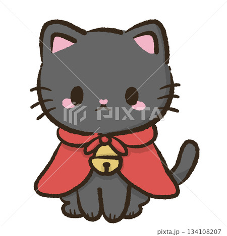 Kawaii black cat in red Christmas cape with bell cute winter character illustration cozy holiday art perfect for Christmas themed crafts cards and decor 134108207