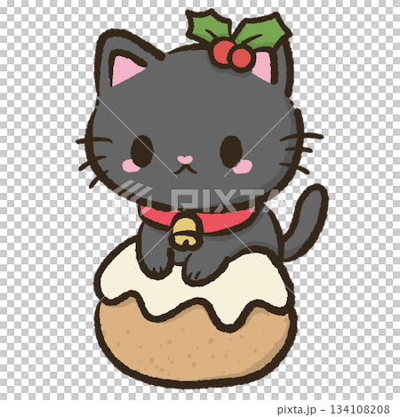 Cute black cat sitting on festive Christmas pudding kawaii holiday dessert illustration cozy winter aesthetic adorable character art for Christmas crafts 134108208