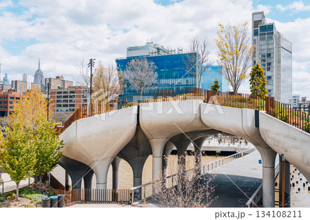 Visitors enjoy the unique architecture and greenery of Little Island park 134108211