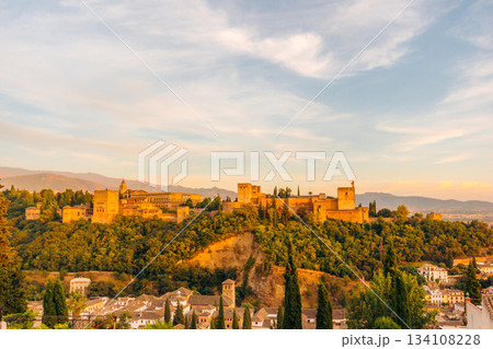 Alhambra palace complex in Granada Spain at sunset 134108228