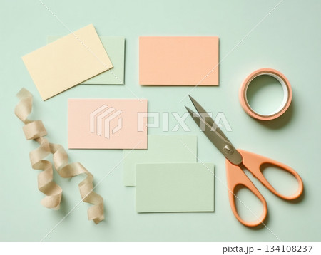 Creative flat lay with pastel notecards, scissors and washi tape Creative flat lay with pastel notecards, scissors and washi tape 134108237