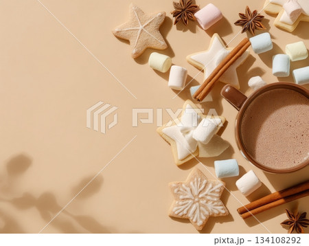 Minimal pastel Christmas composition with cocoa, cinnamon sticks 134108292