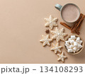 Hot cocoa with marshmallows, Christmas cookies and cinnamon sticks 134108293