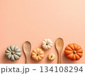 Autumn flatlay with mini pumpkins and corn 134108294