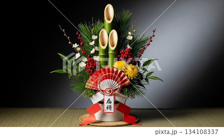 松竹梅の生け花と扇子をあしらった門松風の豪華な正月飾り（和風、お正月） 134108337