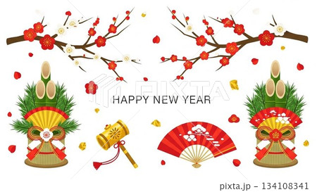 日本の伝統的なお正月飾りと梅の花の背景 日本の伝統的なお正月飾りと梅の花の背景 134108341