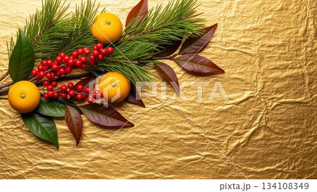 金箔風背景に松竹梅と南天を飾った和風デザイン背景（新年・正月） 134108349