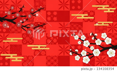 赤い市松模様に梅と松をあしらった和風背景デザイン（正月・新年） 134108354