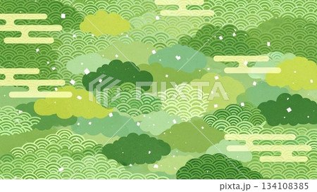 緑色の和柄模様が描かれた筆風背景デザイン 134108385