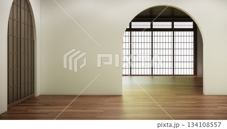 Muji style, Empty wooden room interior white room and wooden floor, 3D rendering Muji style, Empty wooden room interior white room and wooden floor, 3D rendering 134108557