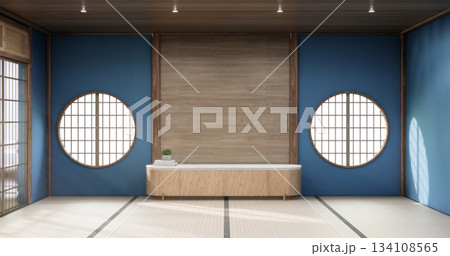 Tokonoma wall design blue living room interior cleaning room Japanese traditional style. 3D rendering Tokonoma wall design blue living room interior cleaning room Japanese traditional style. 3D rendering 134108565
