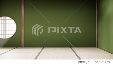 Green dark wall empty room, Modern japanese tatami mat floor, room japanese traditional style. 3D rendering Green dark wall empty room, Modern japanese tatami mat floor, room japanese traditional style. 3D rendering 134108579