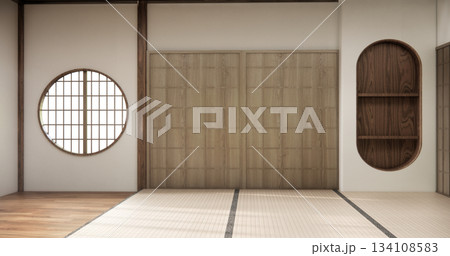 Nihon room design interior with door paper and tatami mat floor room japanese style. 3D rendering 134108583