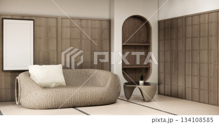 Wooden Arm chair and partition japanese on room tropical interior with tatami mat floor.3D rendering 134108585