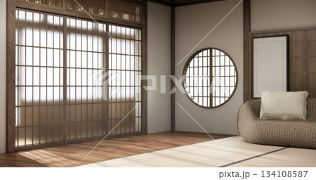 Wooden Arm chair and partition japanese on room tropical interior with tatami mat floor.3D rendering 134108587