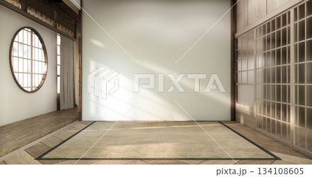 Nihon room design interior with door paper and tatami mat floor room japanese style. 3D rendering Nihon room design interior with door paper and tatami mat floor room japanese style. 3D rendering 134108605