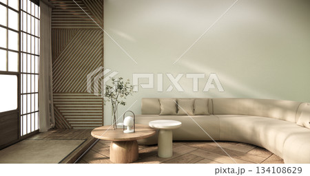 Wooden Arm chair and partition japanese on room tropical interior with tatami mat floor.3D rendering 134108629