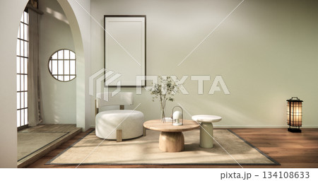 arm chair and decoration japanese on Modern room interior wabisabi style.3D rendering arm chair and decoration japanese on Modern room interior wabisabi style.3D rendering 134108633