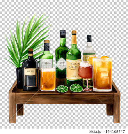 Colorful assortment of drinks and spirits on a wooden table with tropical elements Colorful assortment of drinks and spirits on a wooden table with tropical elements 134108747