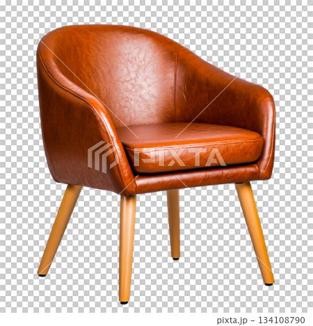 Stylish brown leather chair with curved design and wooden legs for modern interiors 134108790