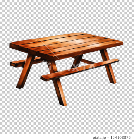 Wooden picnic table with rustic design for outdoor dining and relaxation 134108876