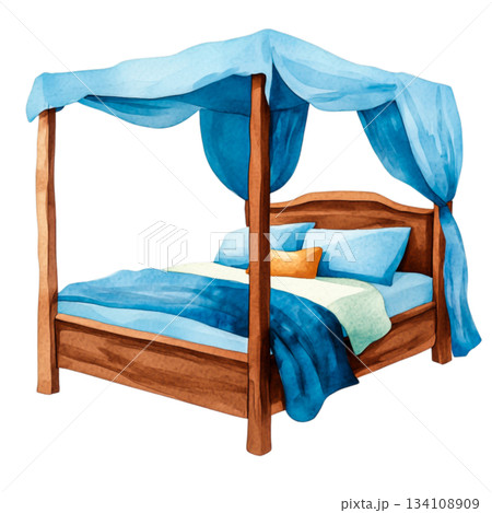 Cozy Wooden Bed with Blue Canopy and Colorful Cushions in a Warm Atmosphere 134108909