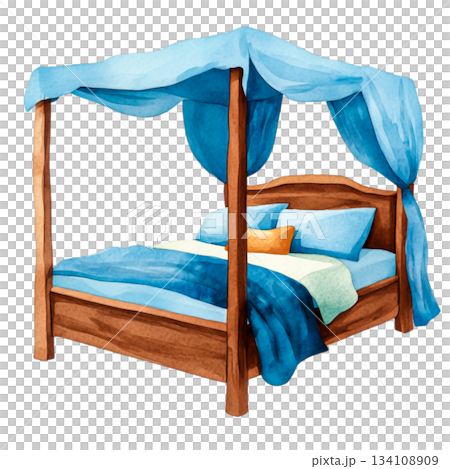 Cozy Wooden Bed with Blue Canopy and Colorful Cushions in a Warm Atmosphere 134108909