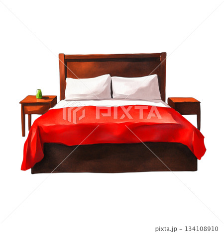 Cozy Bedroom with Red Bedspread and Wooden Bedside Tables in Warm Lighting 134108910