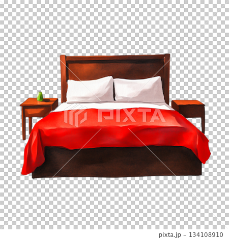 Cozy Bedroom with Red Bedspread and Wooden Bedside Tables in Warm Lighting 134108910